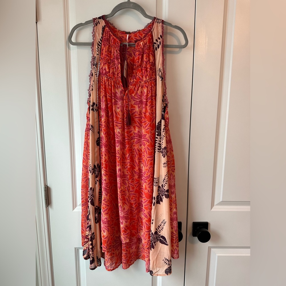 Free People Feel The Heat Sleeveless Floral Printed Tunic Pink Rose NWT Sz Large
